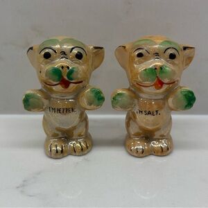 Vintage Bonzo Lusterware Salt Pepper Shakers I’m Salt I’m Pepper Tan Green Dogs